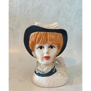 Vintage Lady Head Vase Bust 10" mid century ,Ceramic hat lace unmarked